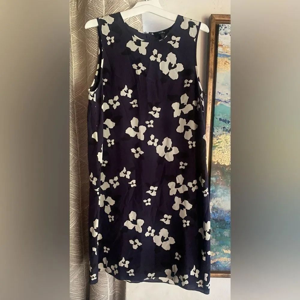 Theory Mini Dress Women Silk Navy Blue Floral Sleeveless Lightweight Lined Sz 4
